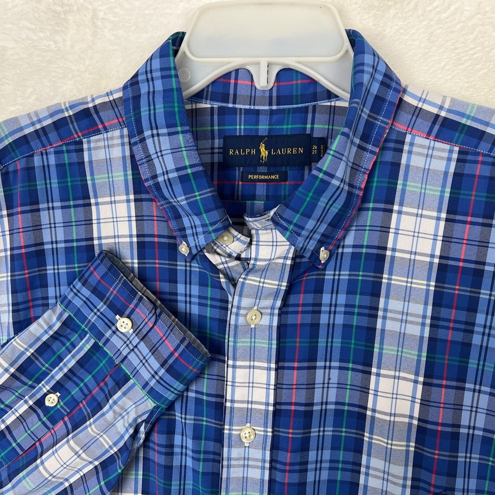 Ralph‎ Lauren Button Down Shirt Mens 2XB Big Performance Stretch Plaid Blue